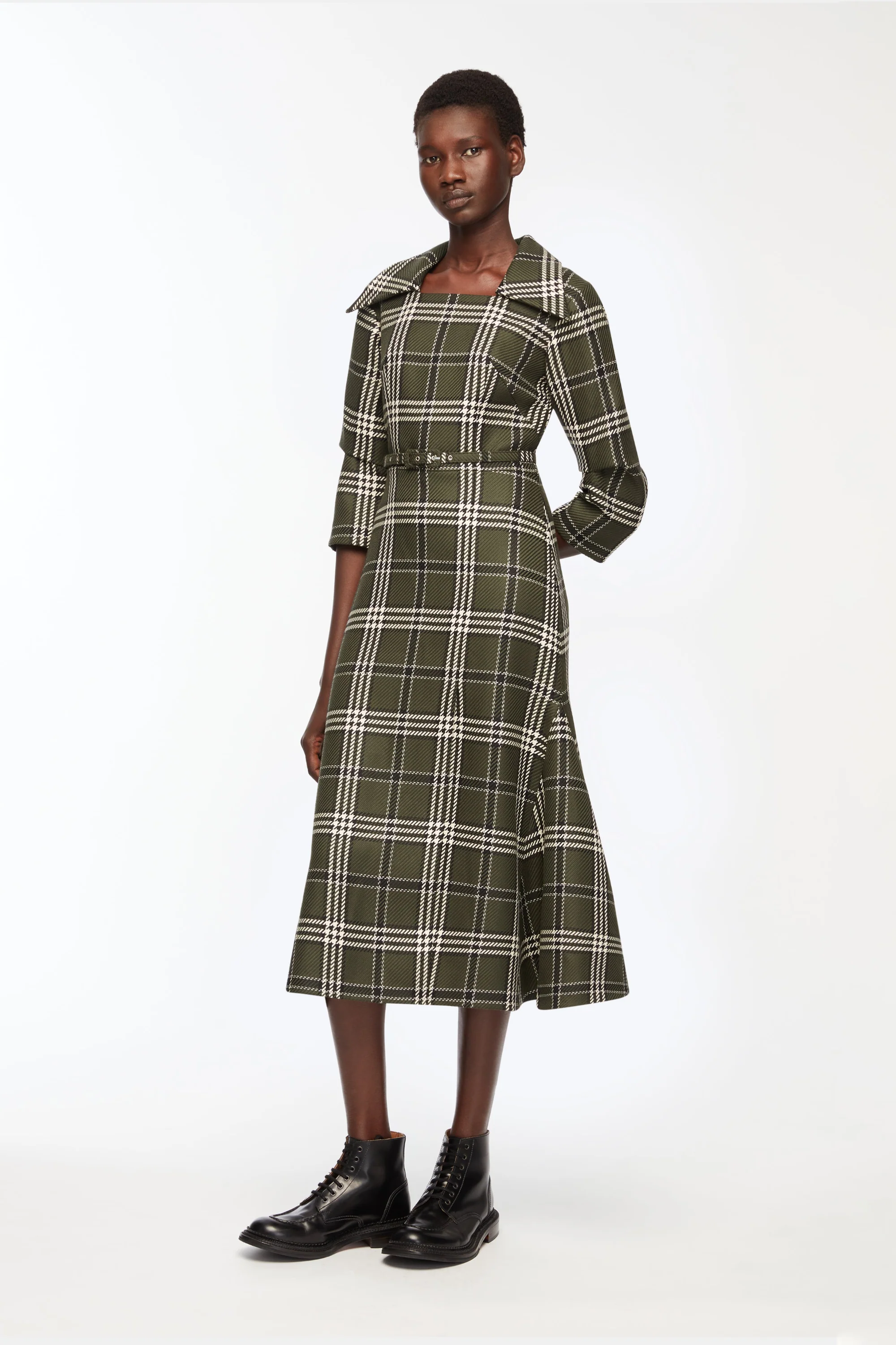 Arete Dress In Military Green Shetland Tartan - Image 3