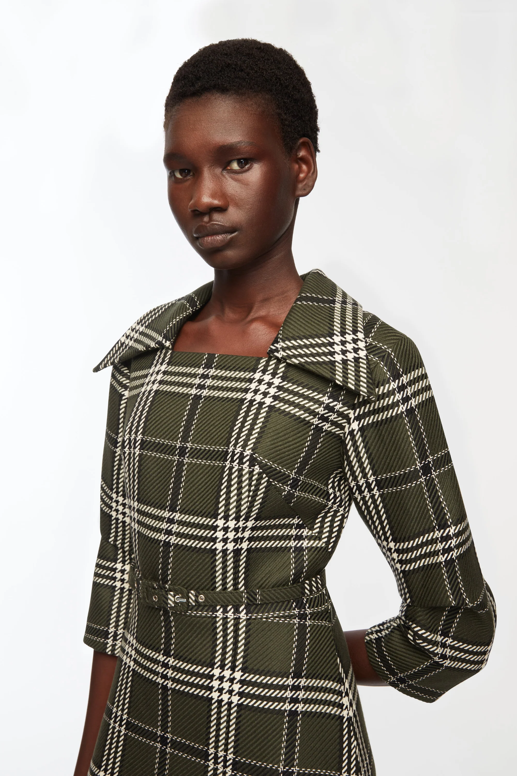 Arete Dress In Military Green Shetland Tartan - Image 4