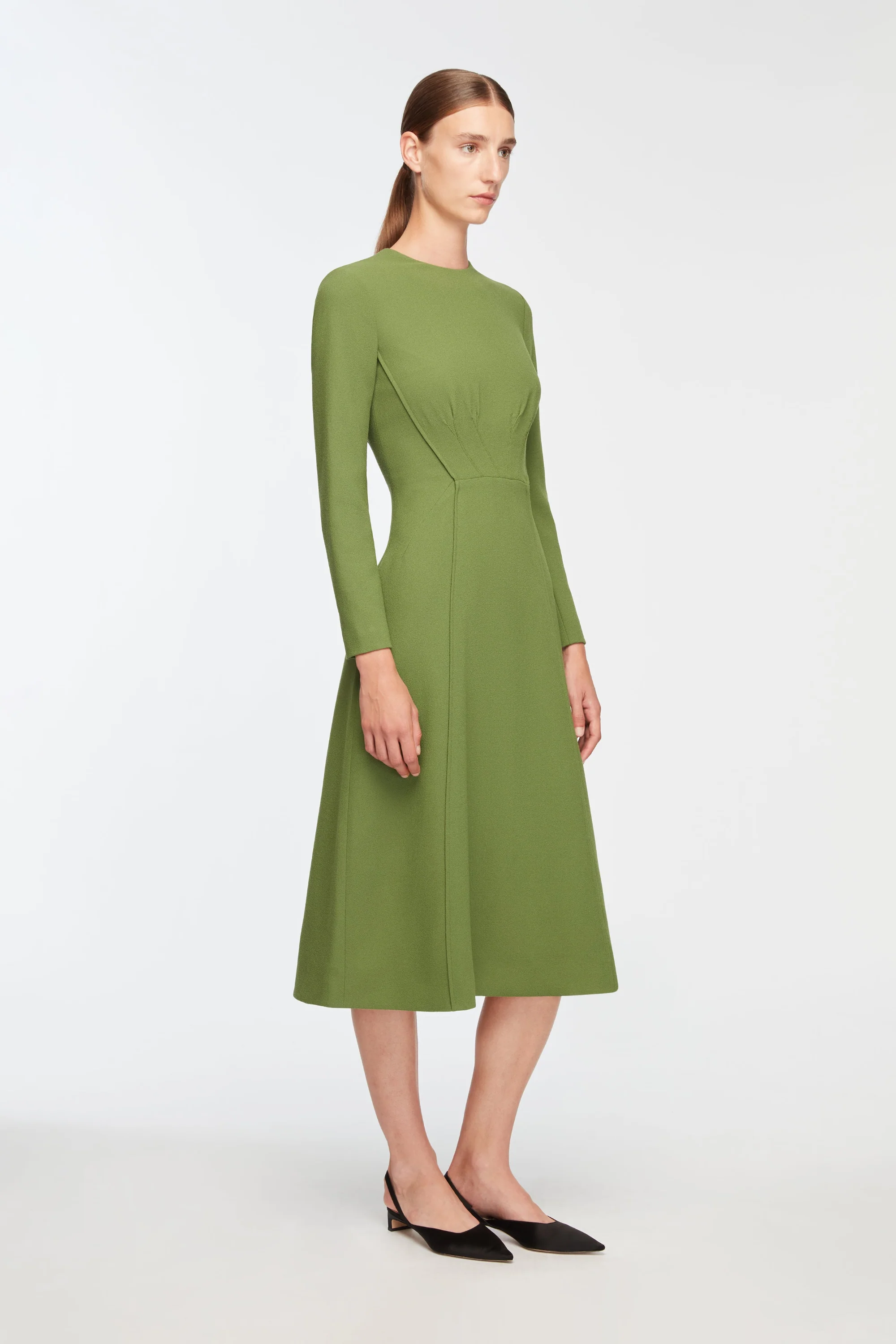 Collinson Dress In Olive Single Wool Crepe - Image 3