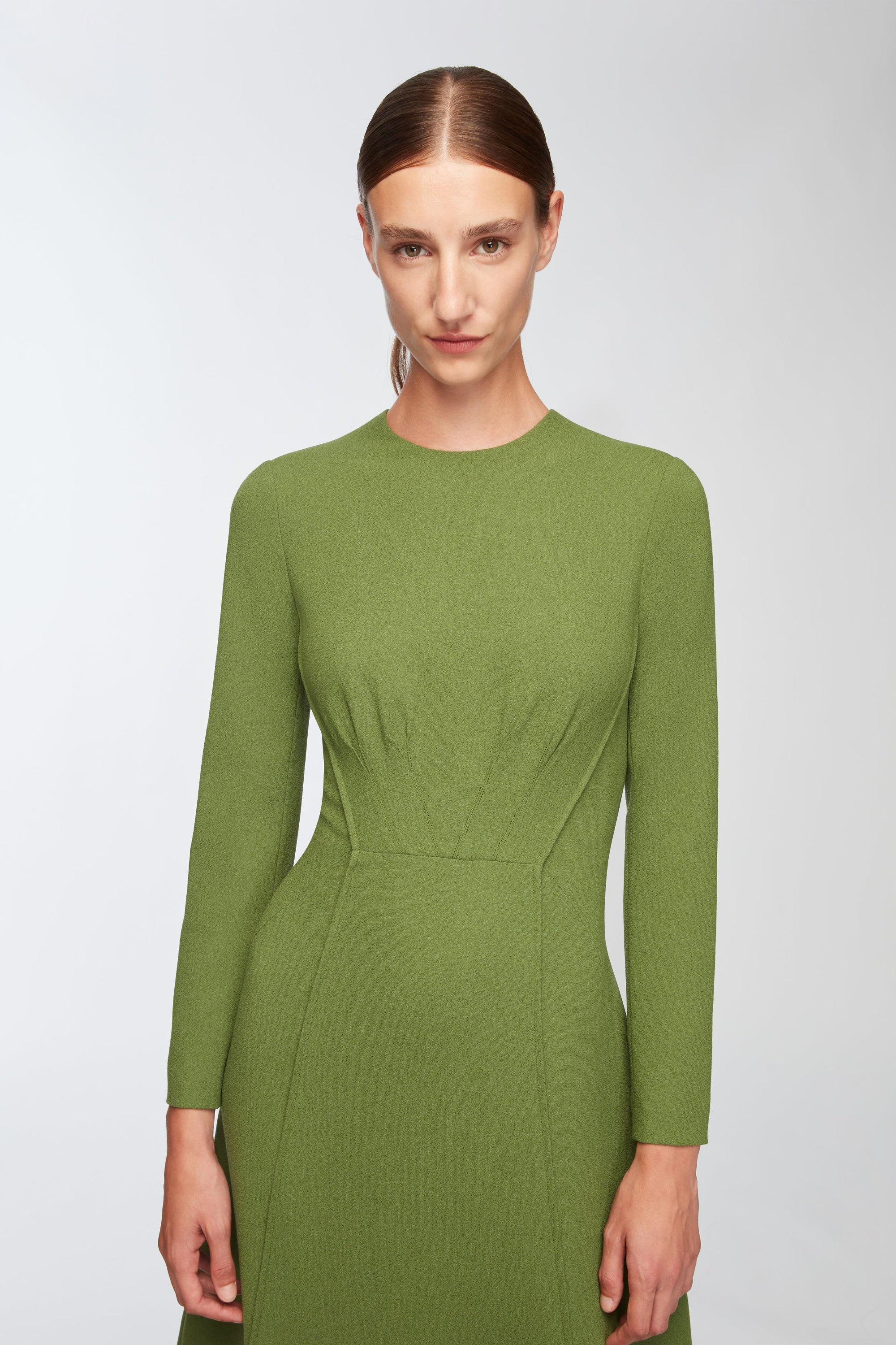 Collinson Dress In Olive Single Wool Crepe - Image 4