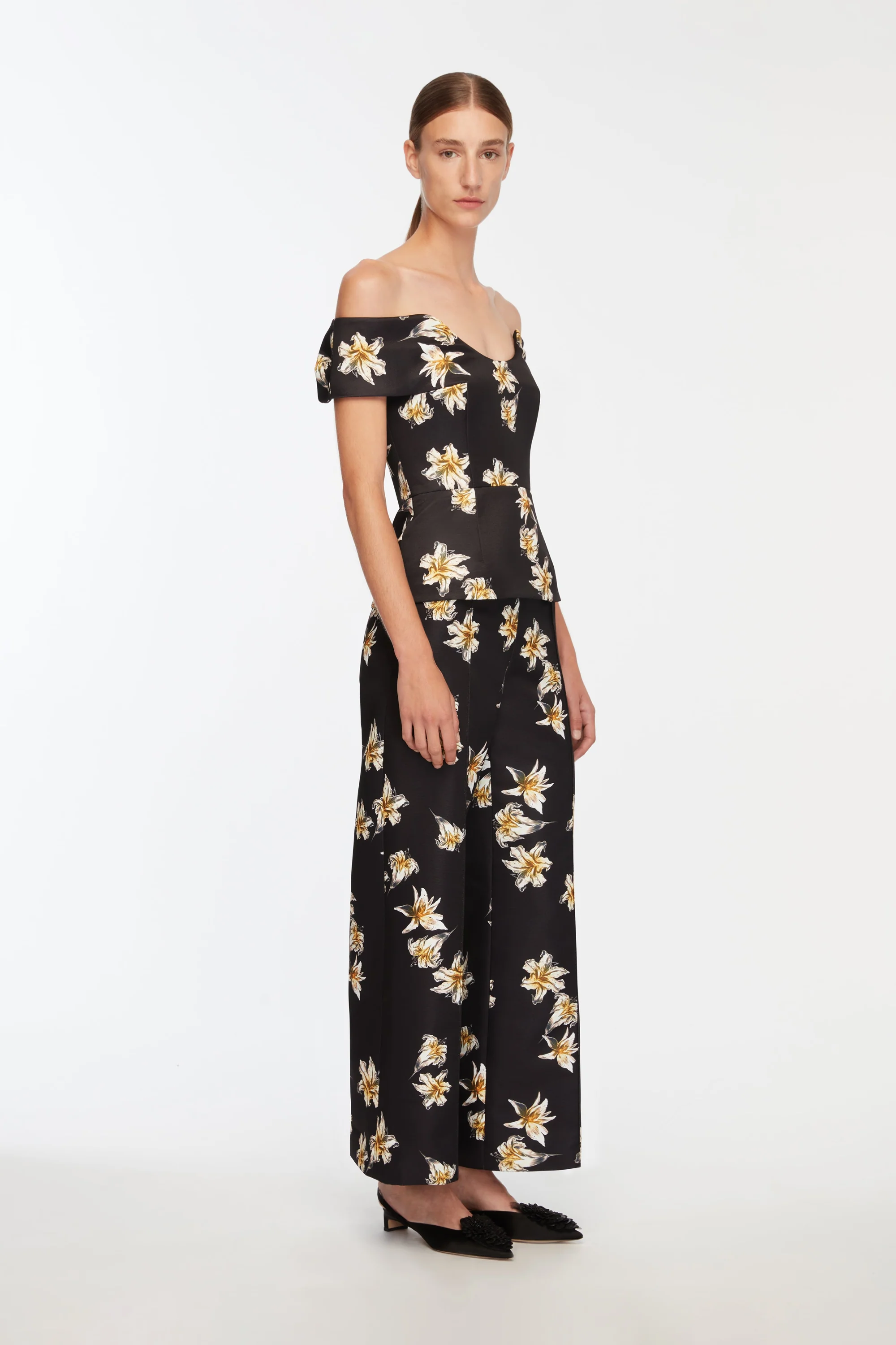 Daffy Trousers In Black & Yellow Festive Lillies Taffeta Faille - Image 3