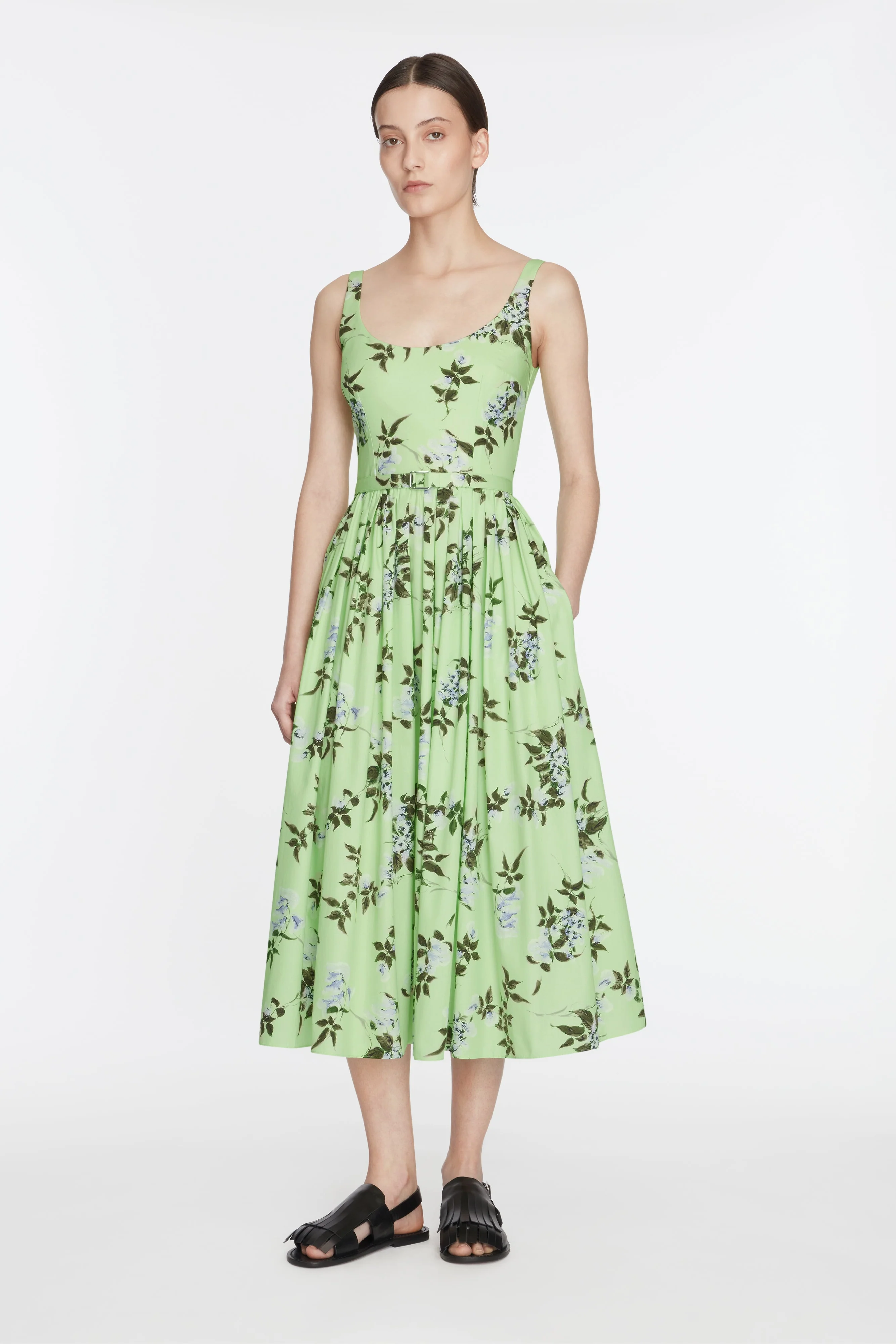 Eglantine Dress In Lilac Lillies & Cherry print on Green Organic Cotton - Image 3