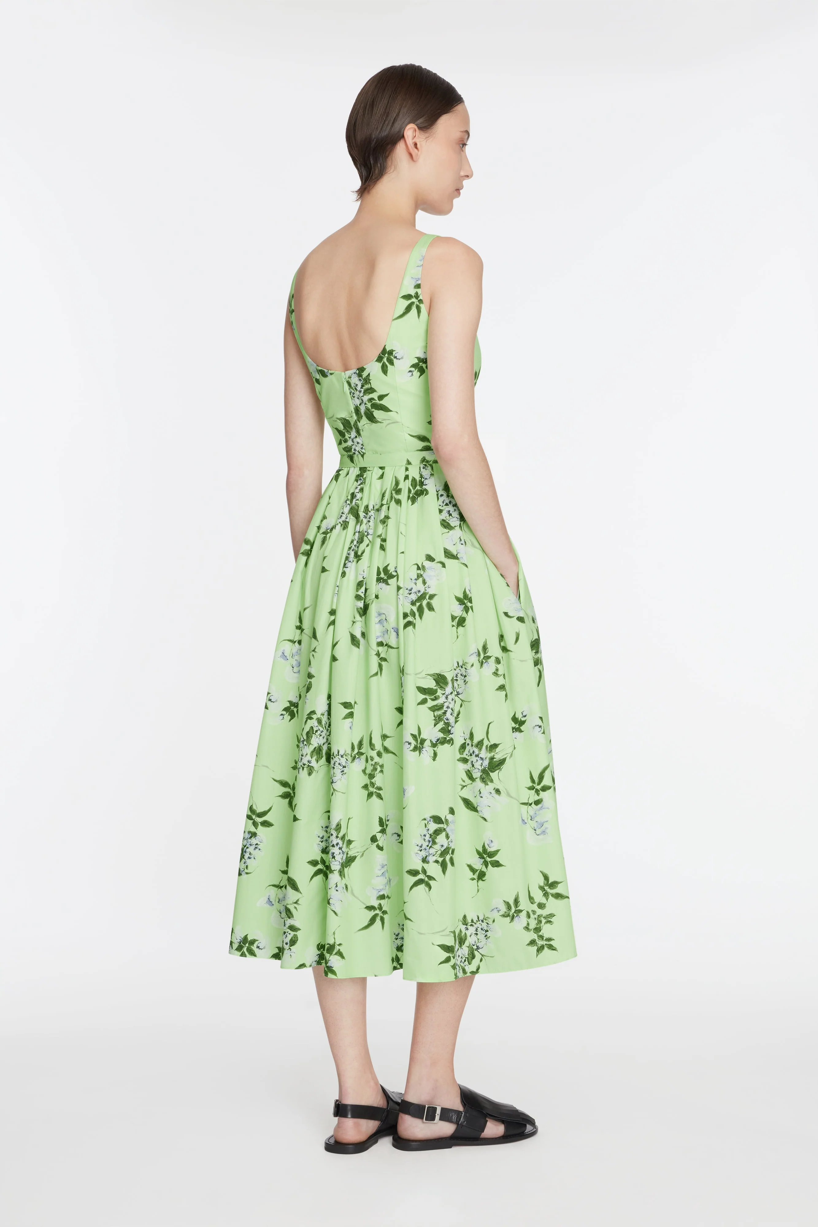 Eglantine Dress In Lilac Lillies & Cherry print on Green Organic Cotton - Image 5