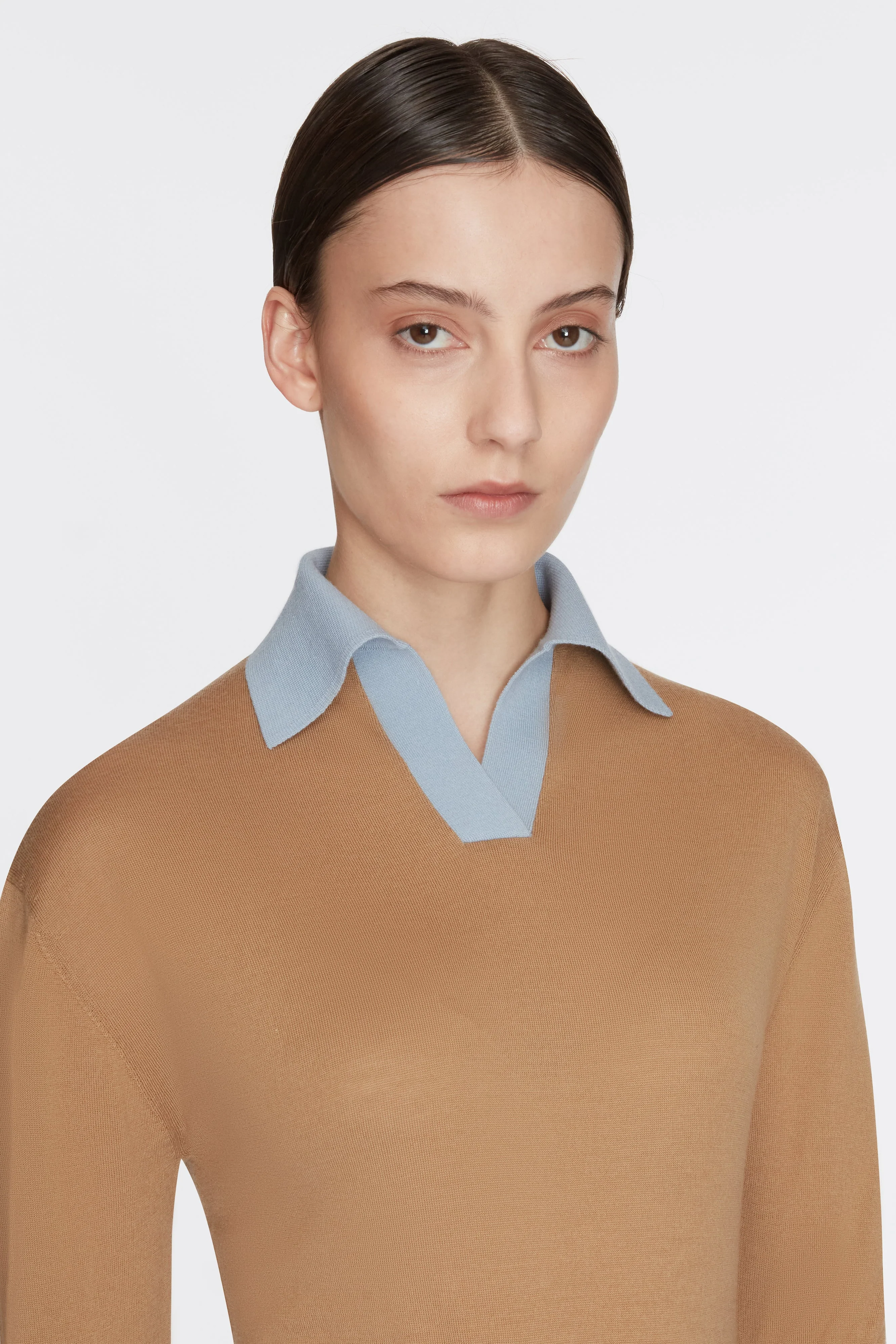James Knit with Baby Blue Collar in Camel Lightweight Wool - Image 3