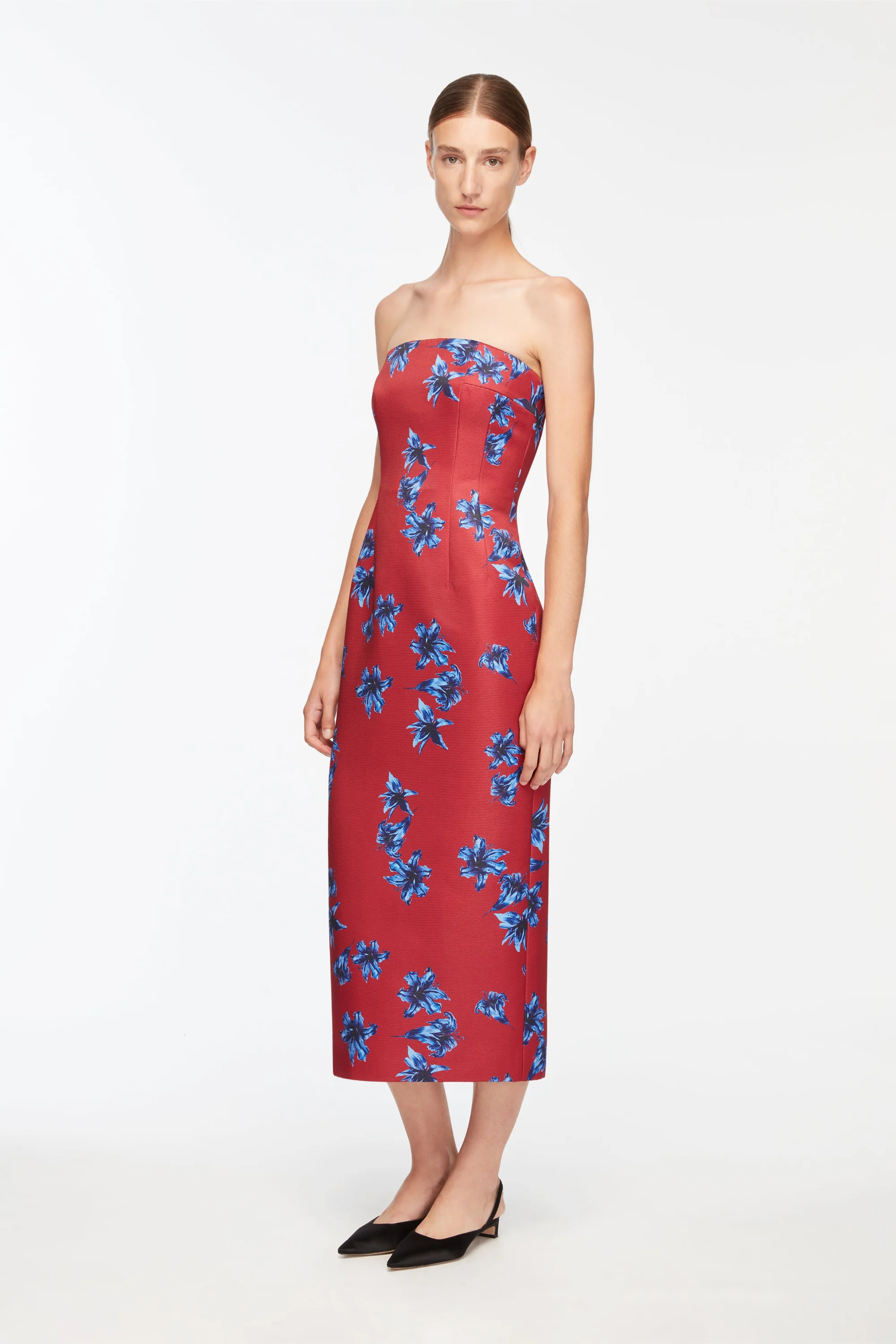 Leila Dress In Red & Blue Festive Lillies Taffeta Faille - Image 3