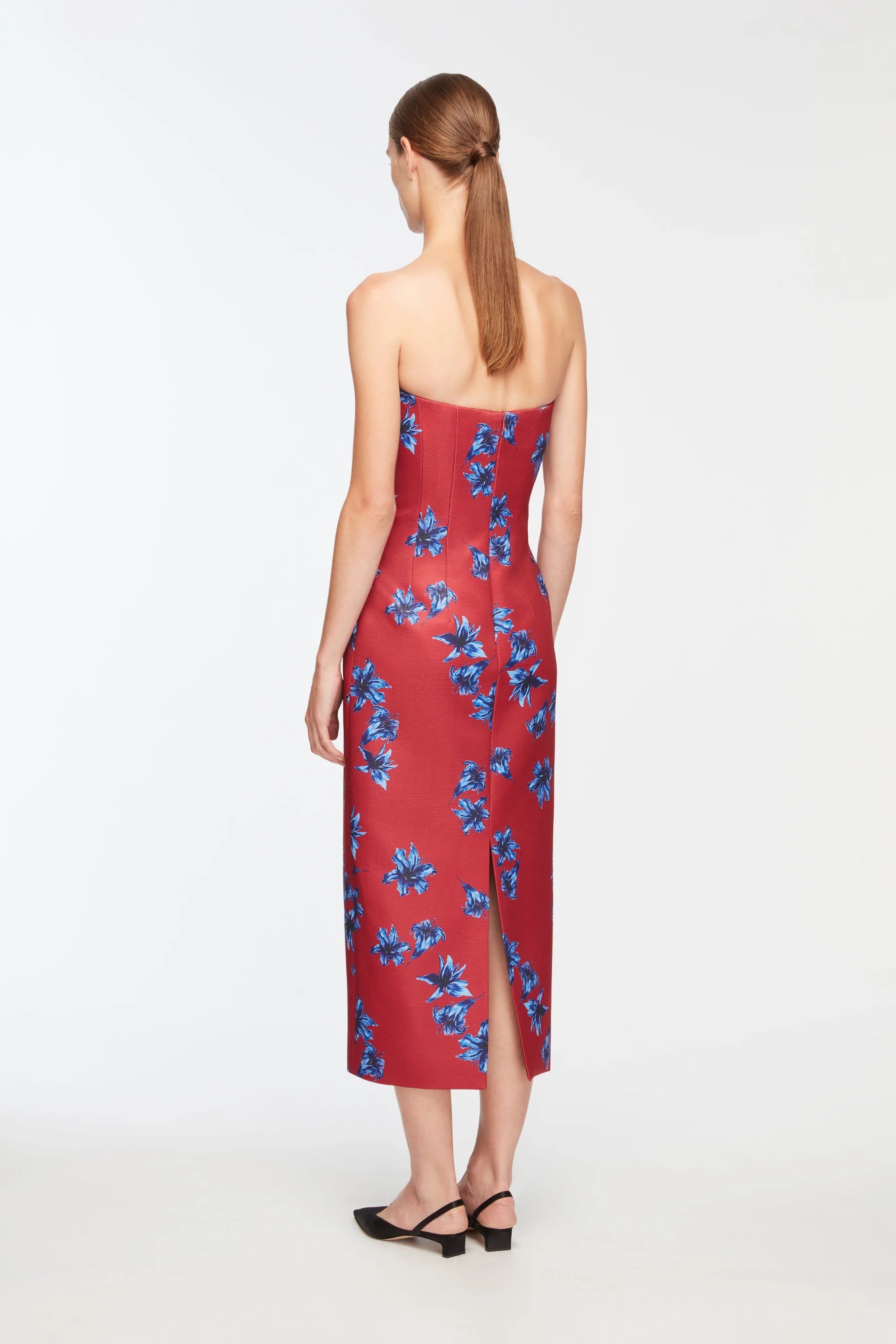 Leila Dress In Red & Blue Festive Lillies Taffeta Faille - Image 4