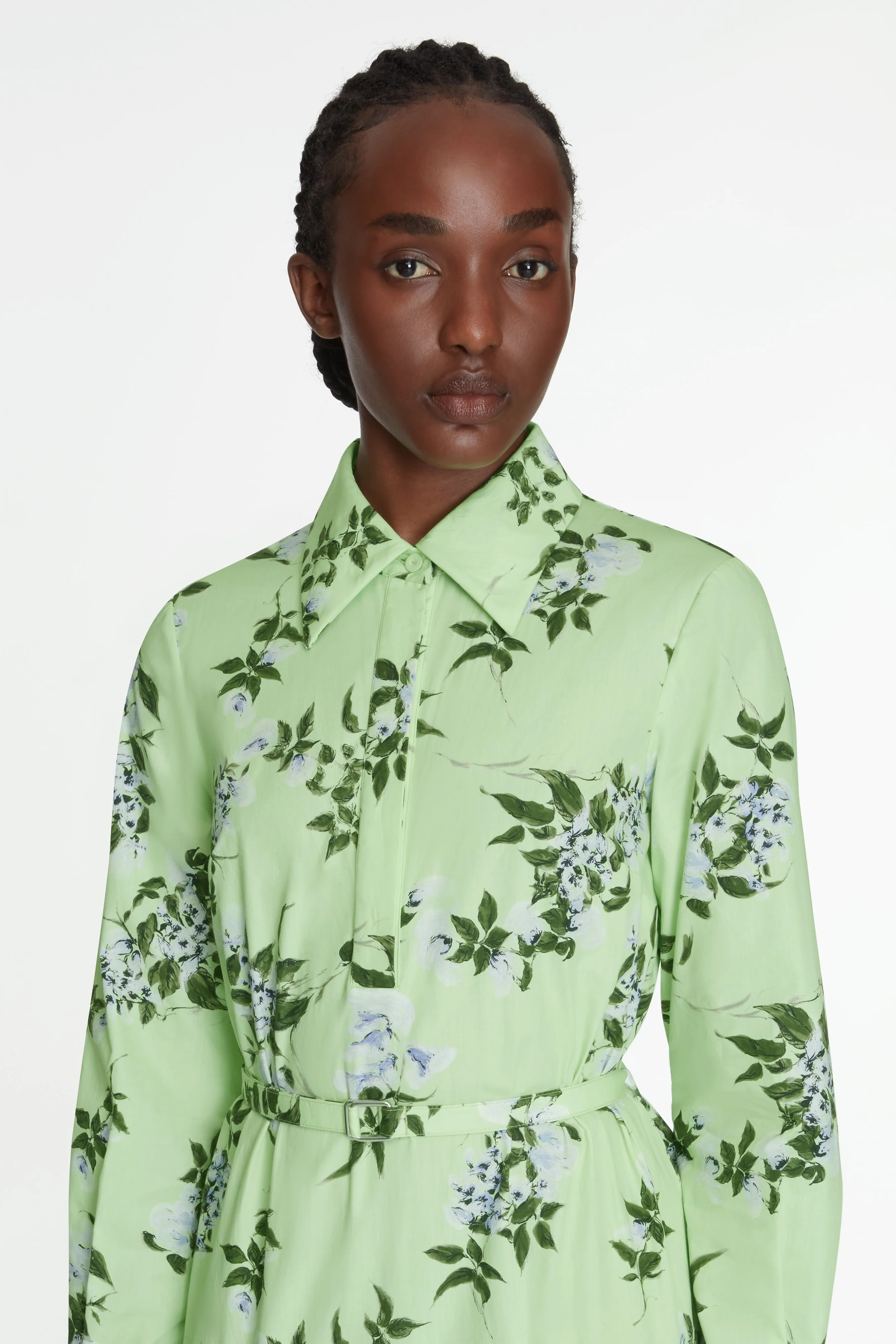 Marione Dress In Lilac Lillies & Cherry print on Green Organic Cotton - Image 4