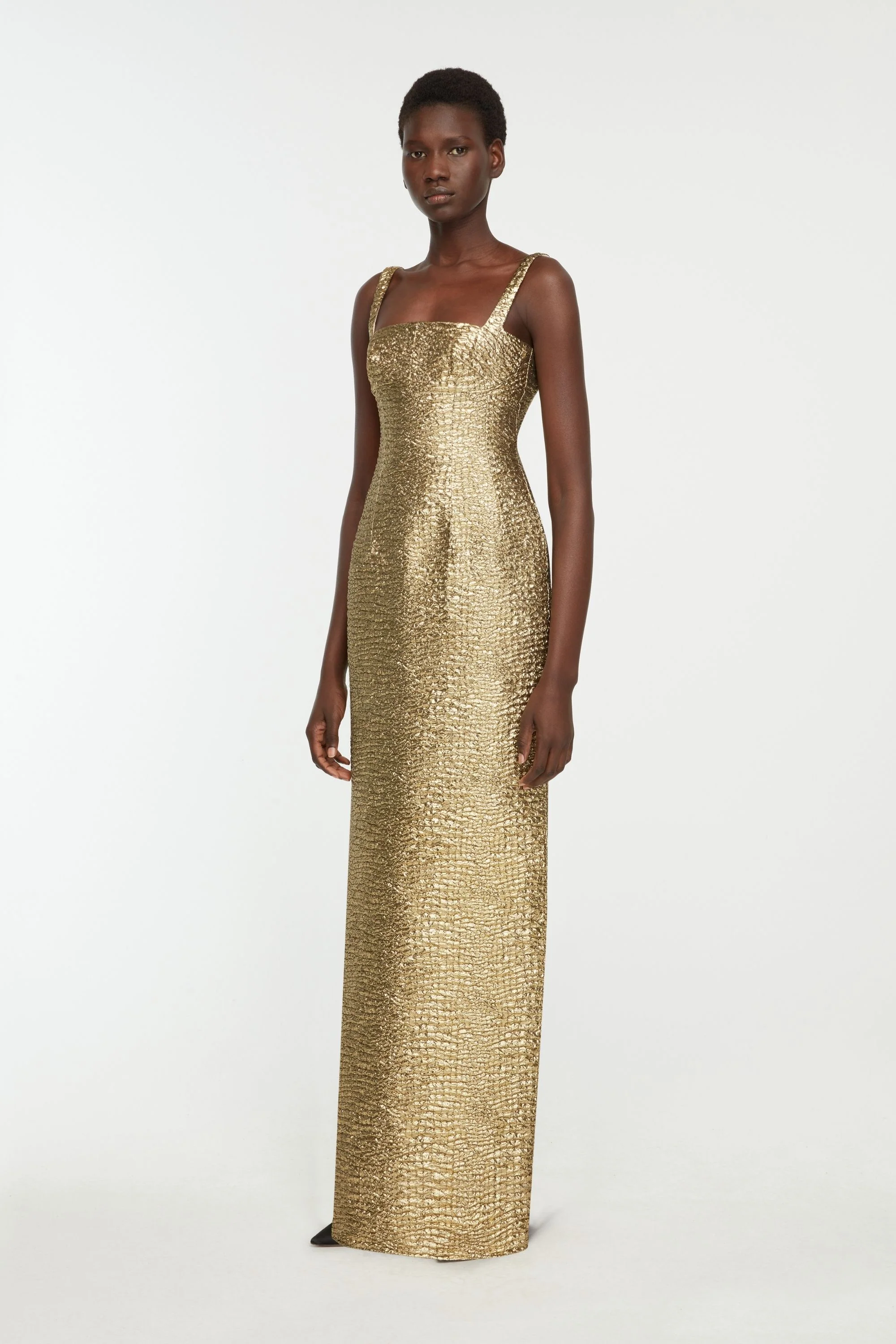 Micheline Dress In Gold Metallic Seersucker - Image 3