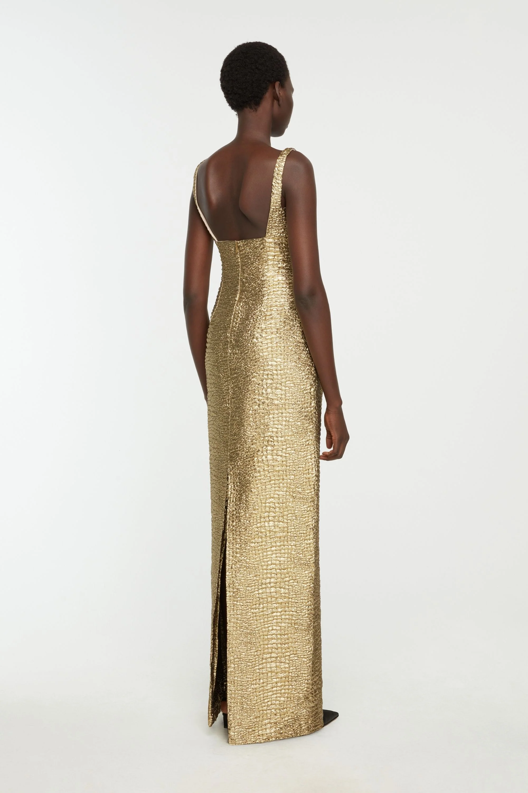 Micheline Dress In Gold Metallic Seersucker - Image 4
