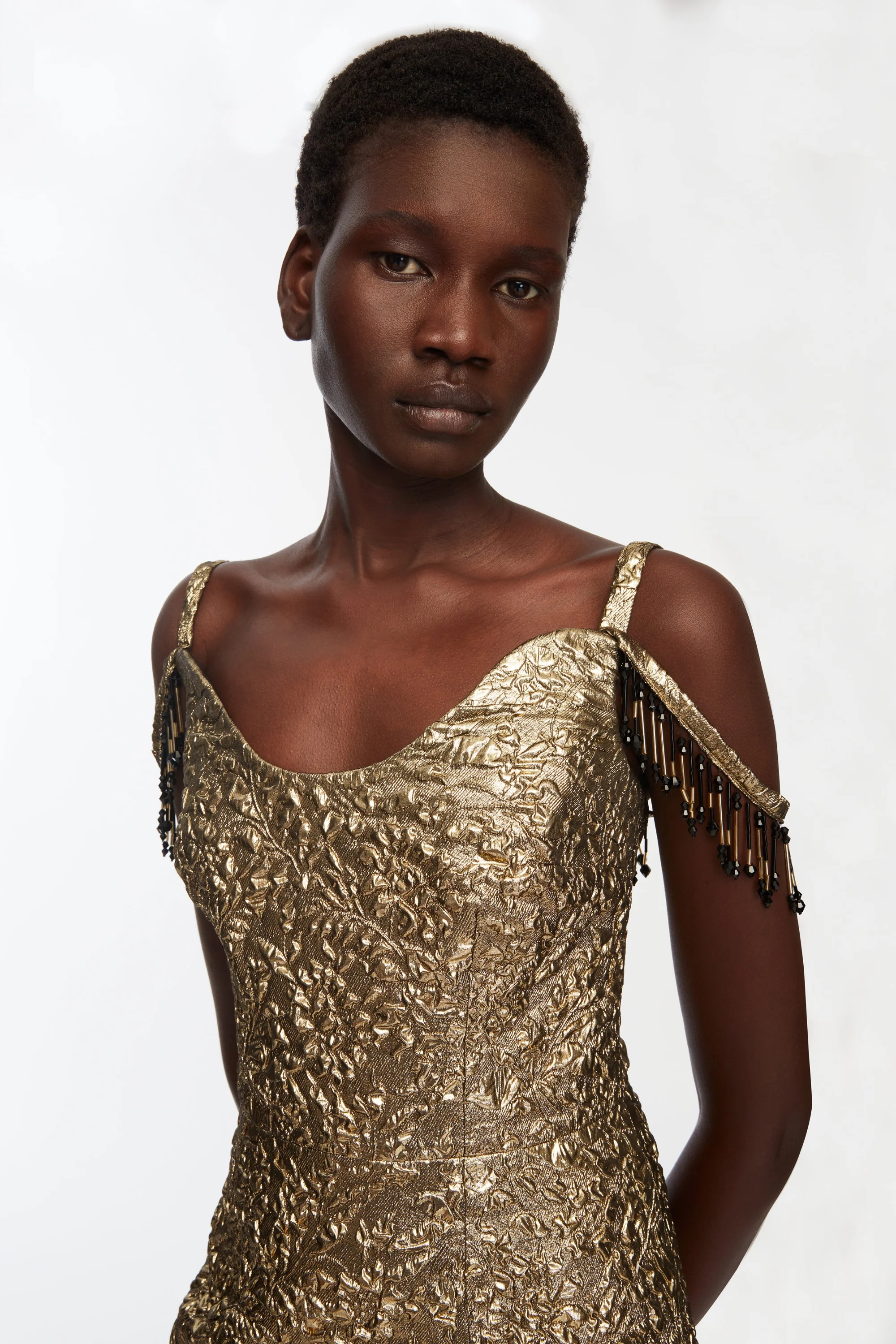 Morphita Dress In Gold Double Warp Floral - Image 3
