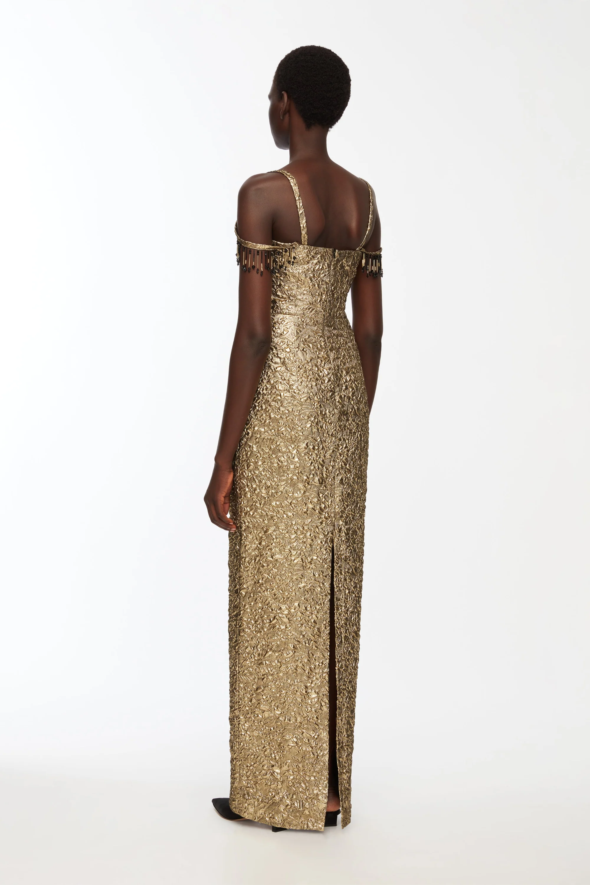 Morphita Dress In Gold Double Warp Floral - Image 4