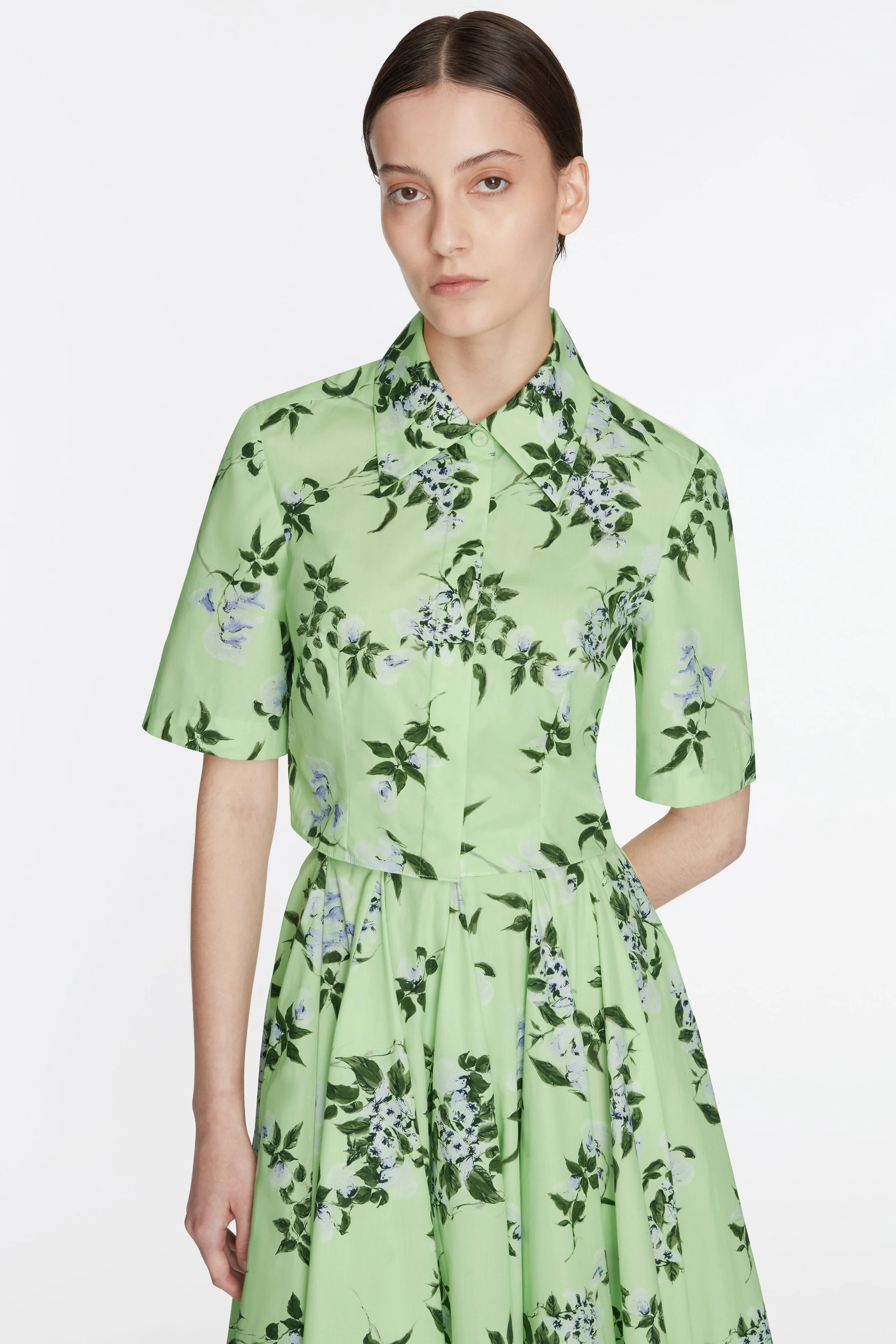 Natalie Top in Lilac Lillies & Cherry Print on Green Organic Cotton - Image 3