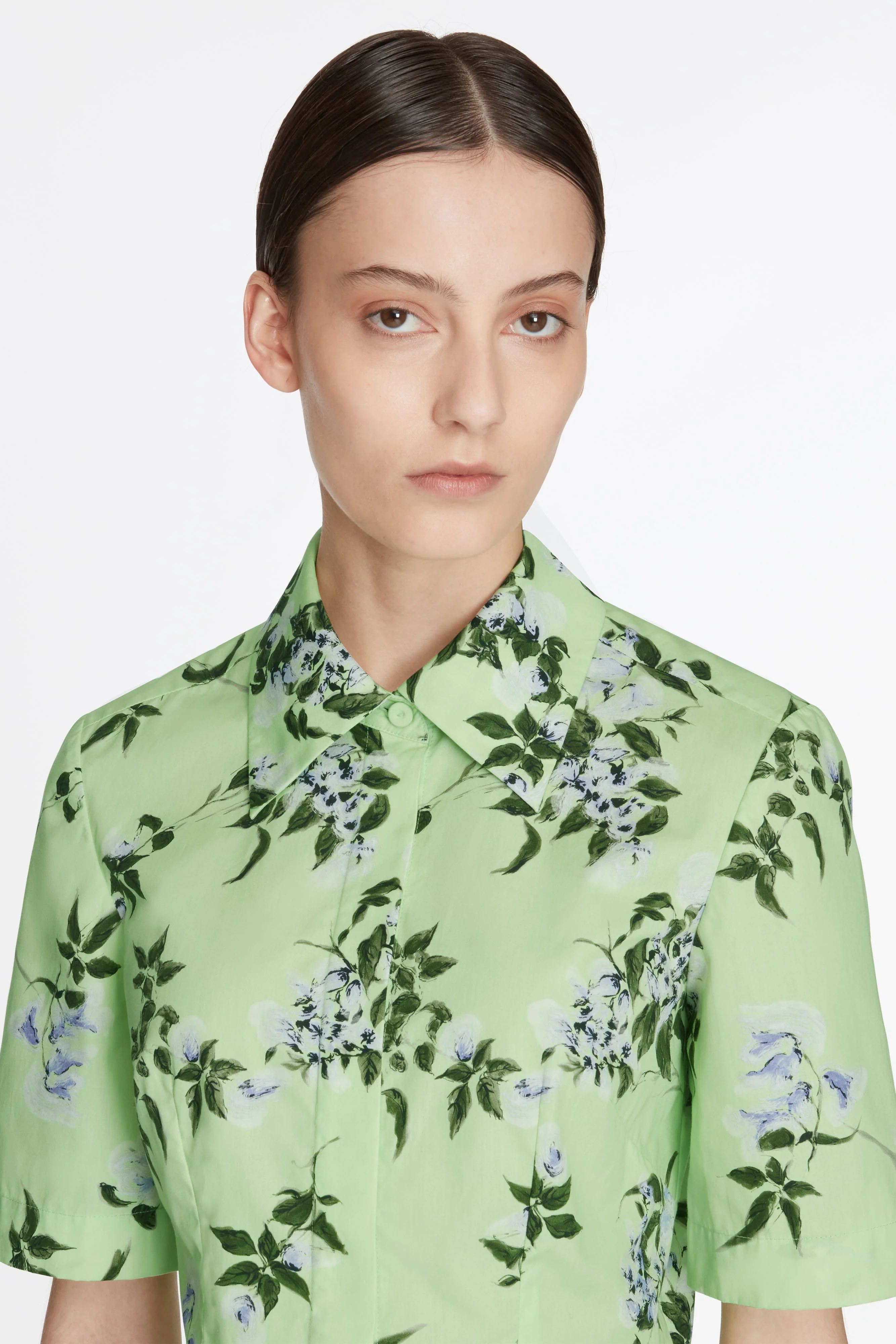 Natalie Top in Lilac Lillies & Cherry Print on Green Organic Cotton - Image 4