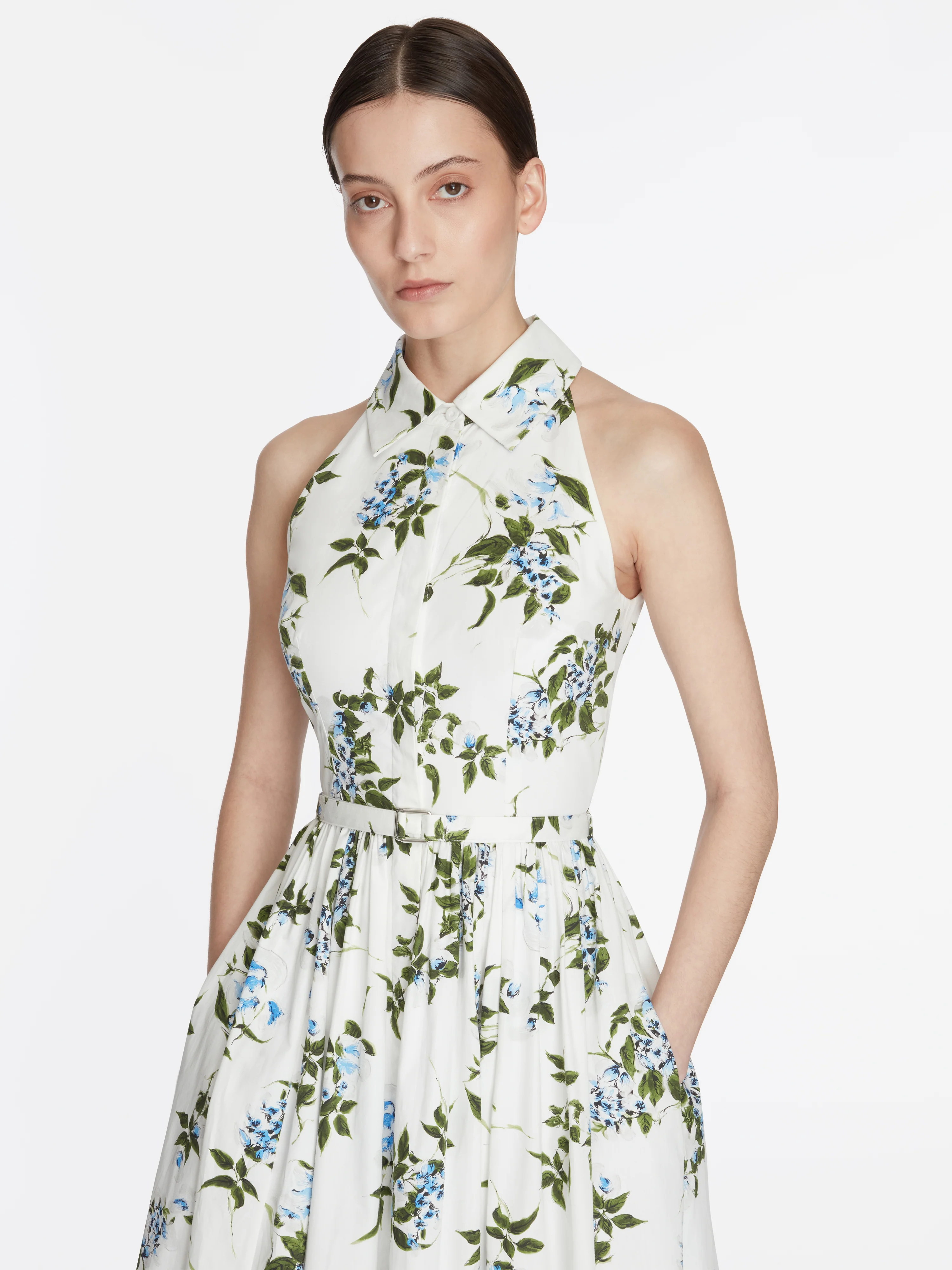 Norika Dress In Lilac Lillies & Cherry Print on White Organic Cotton - Image 3