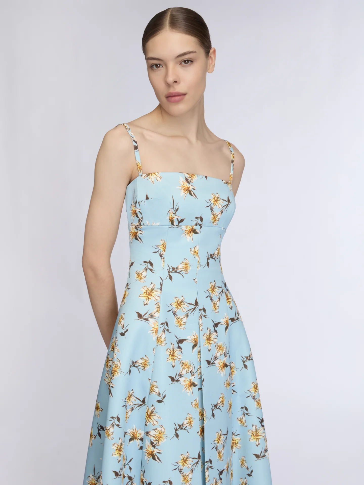 Oceana Dress In Blue Summer Lillies Taffeta Faille - Image 3
