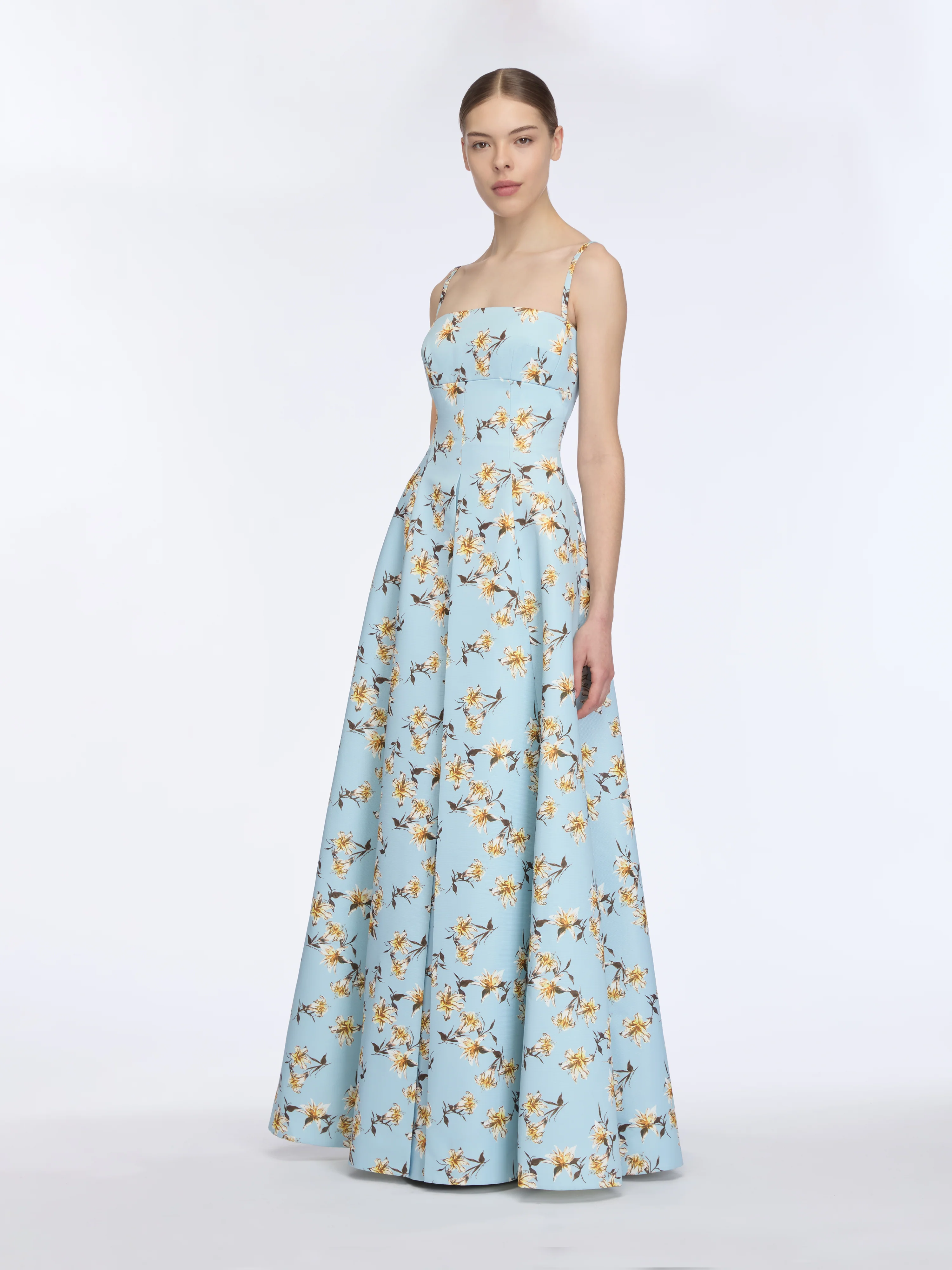 Oceana Dress In Blue Summer Lillies Taffeta Faille - Image 4