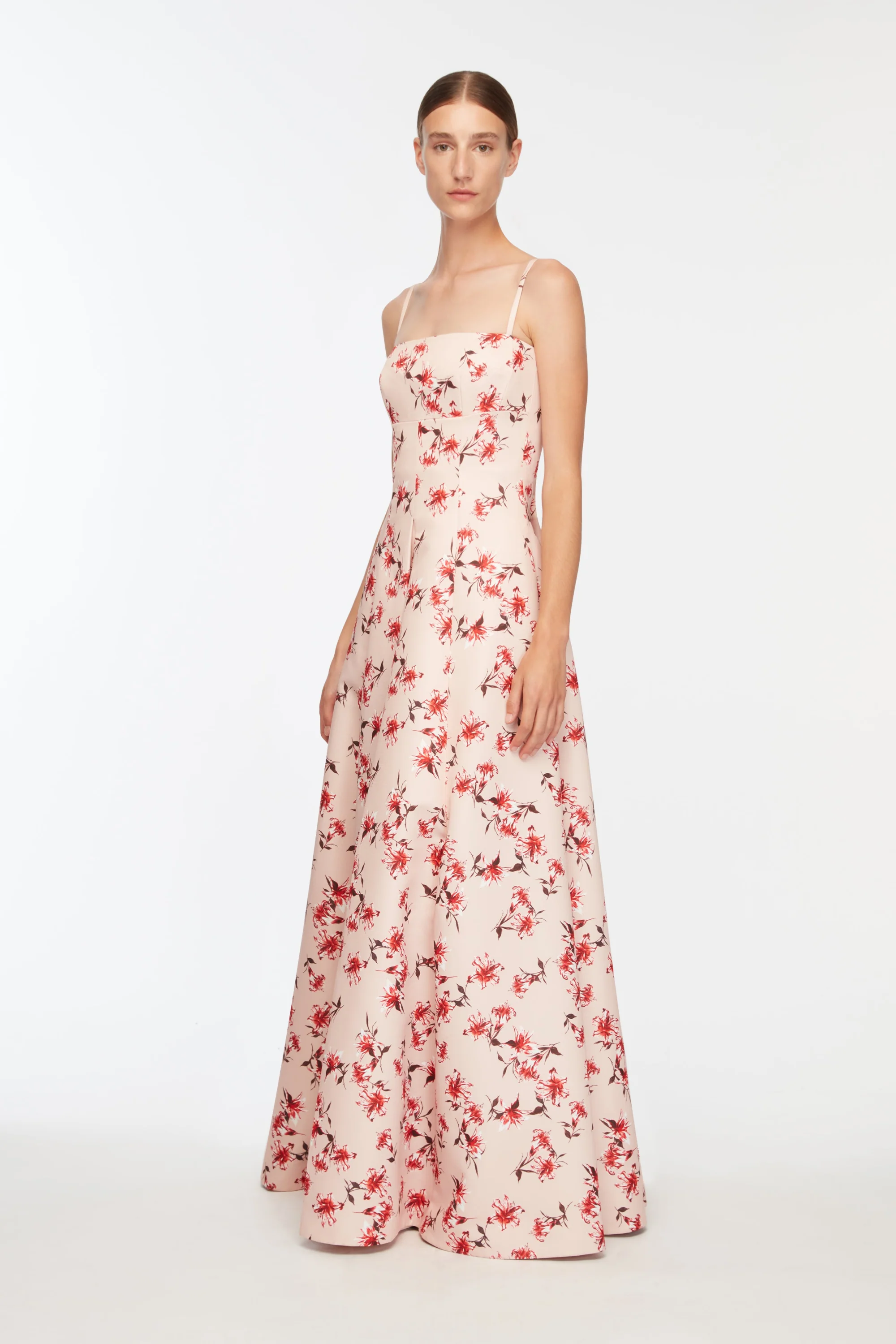 Oceana Dress in Red Summer Lillies on Pink Taffeta Faille - Image 3