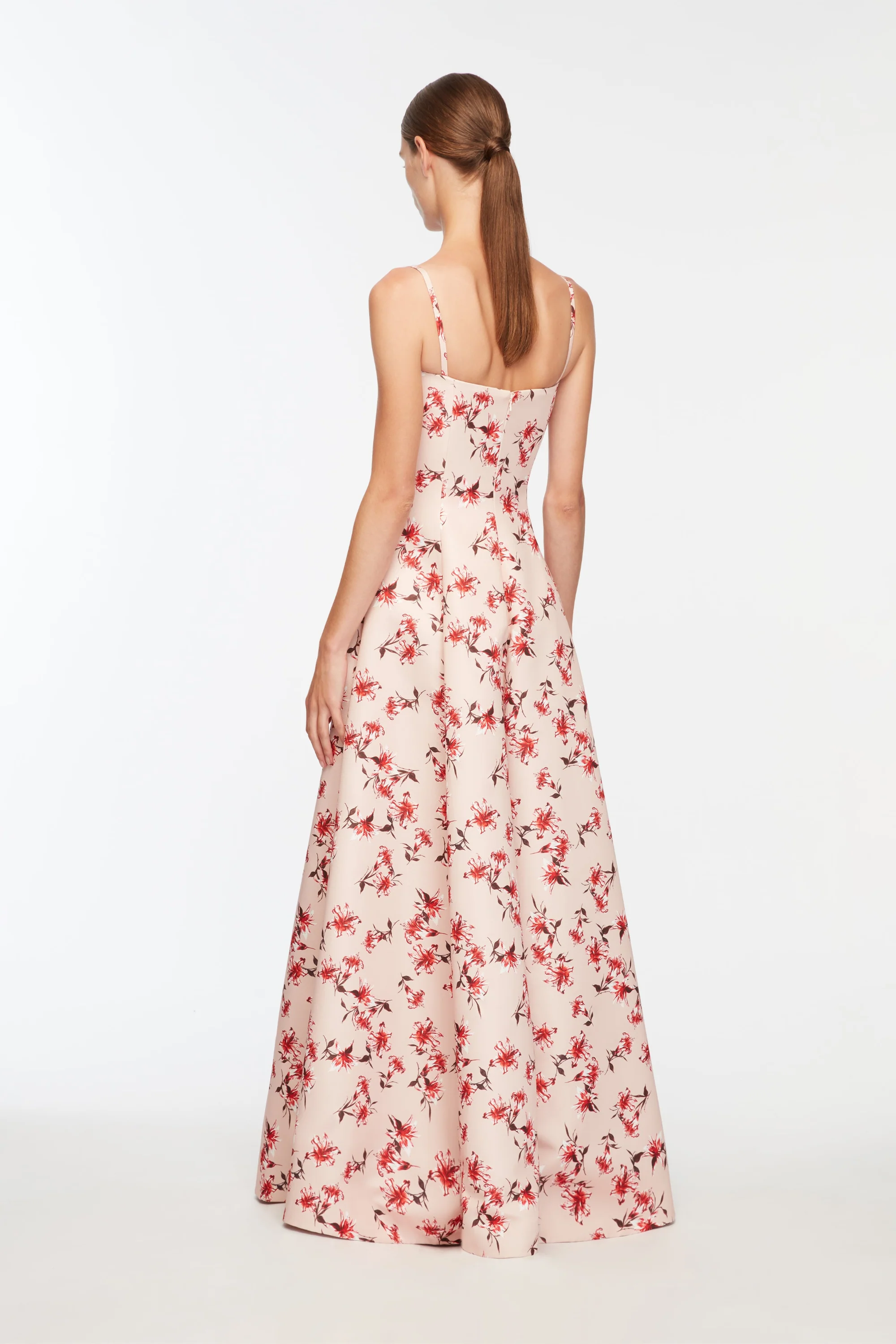 Oceana Dress in Red Summer Lillies on Pink Taffeta Faille - Image 4