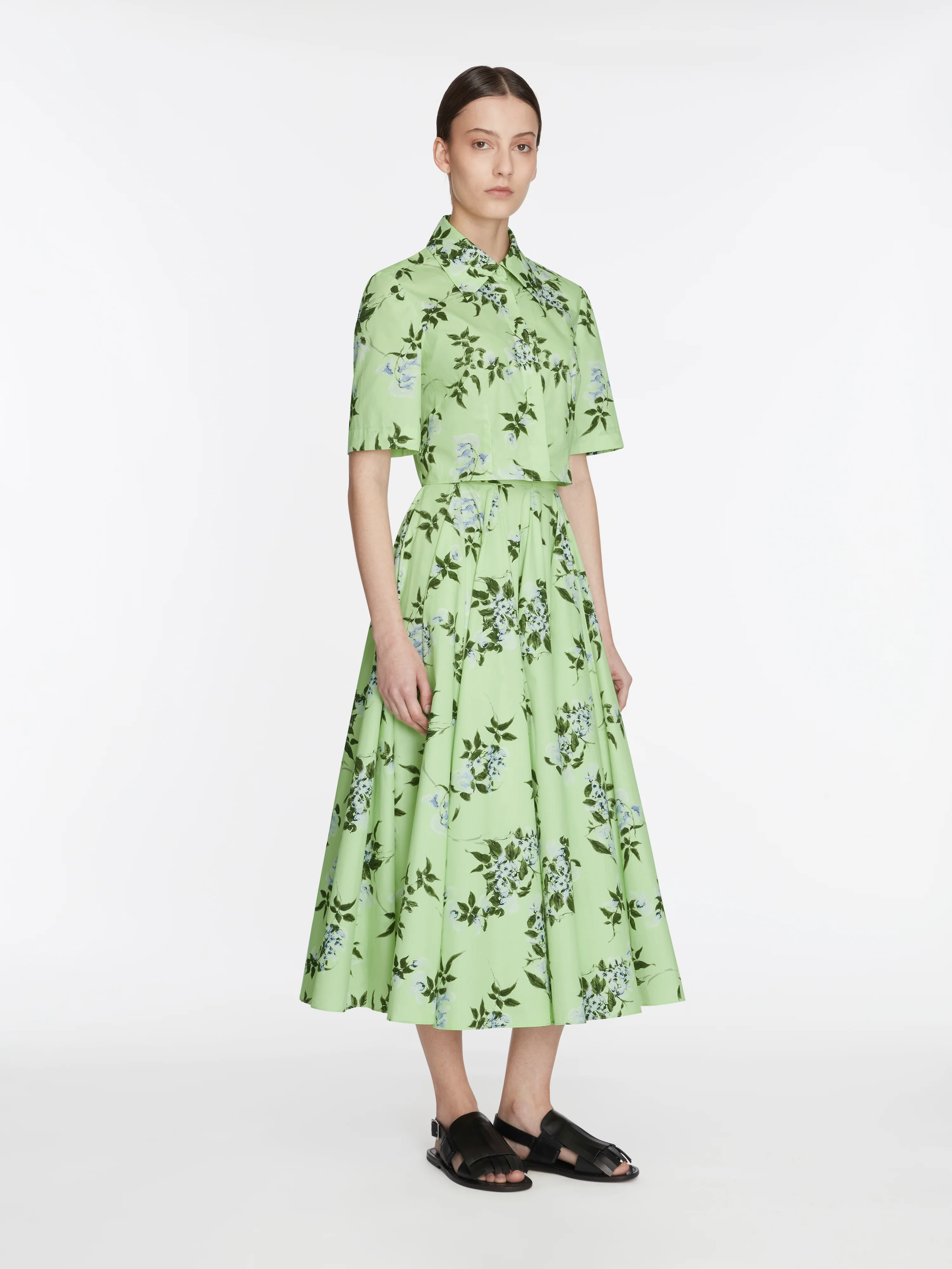 Rhea Skirt In Lilac Lillies & Cherry Print on Green Organic Cotton - Image 3