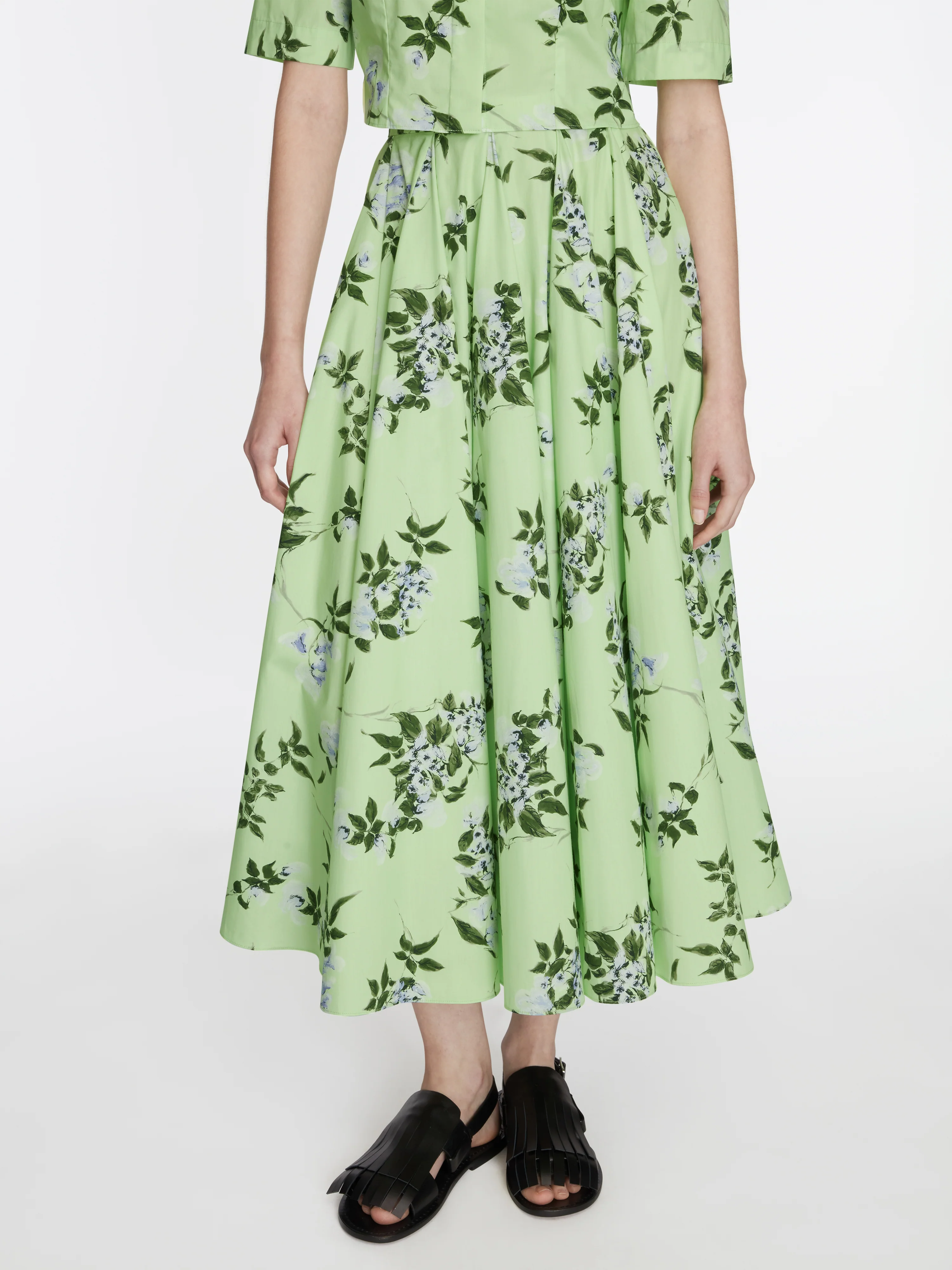 Rhea Skirt In Lilac Lillies & Cherry Print on Green Organic Cotton - Image 4