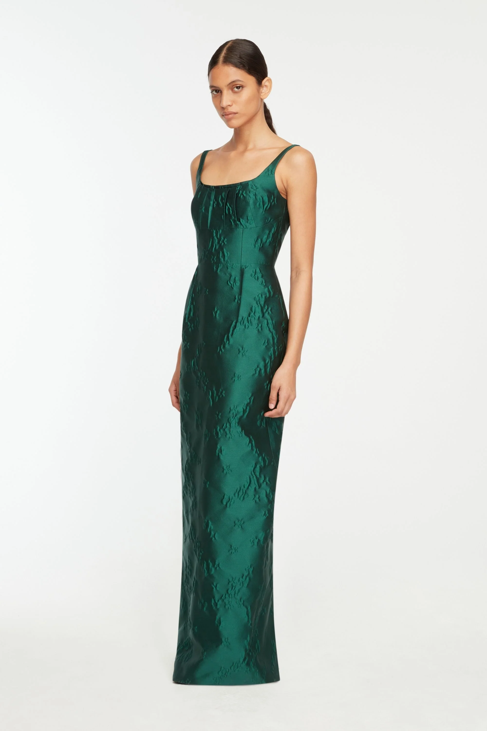 Sharon Dress In Emerald Green Ditsy Floral Jacquard - Image 3
