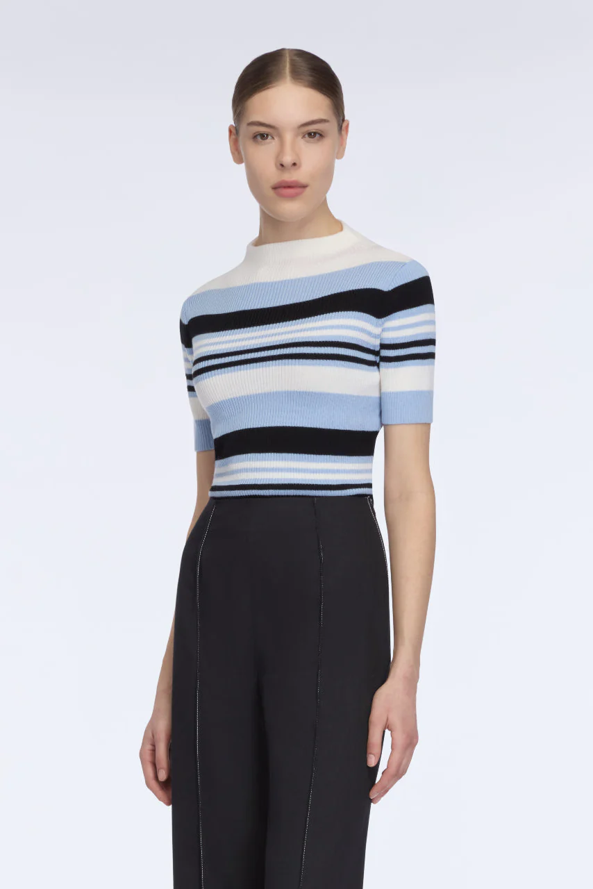 Toma Knit Top in Blue, Black & White Merino Wool - Image 3