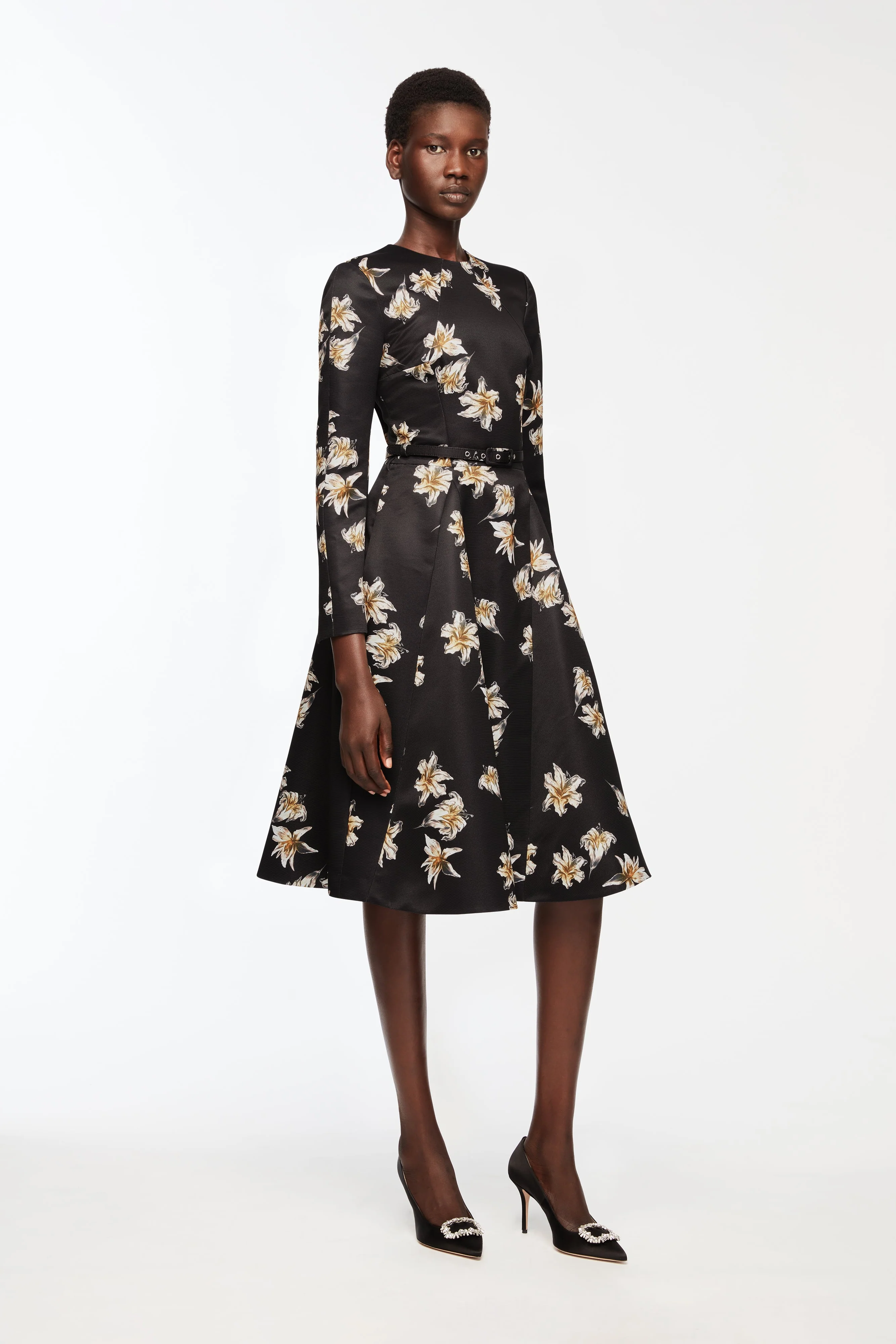 Uccelina Dress In Black & Yellow Festive Lillies Taffeta Faille - Image 3