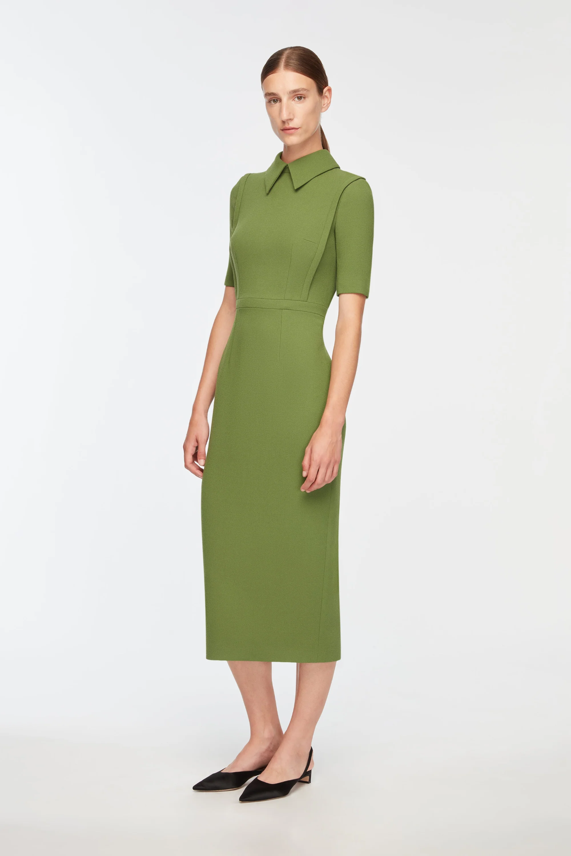Valletta Dress In Olive Single Wool Crepe - Image 3